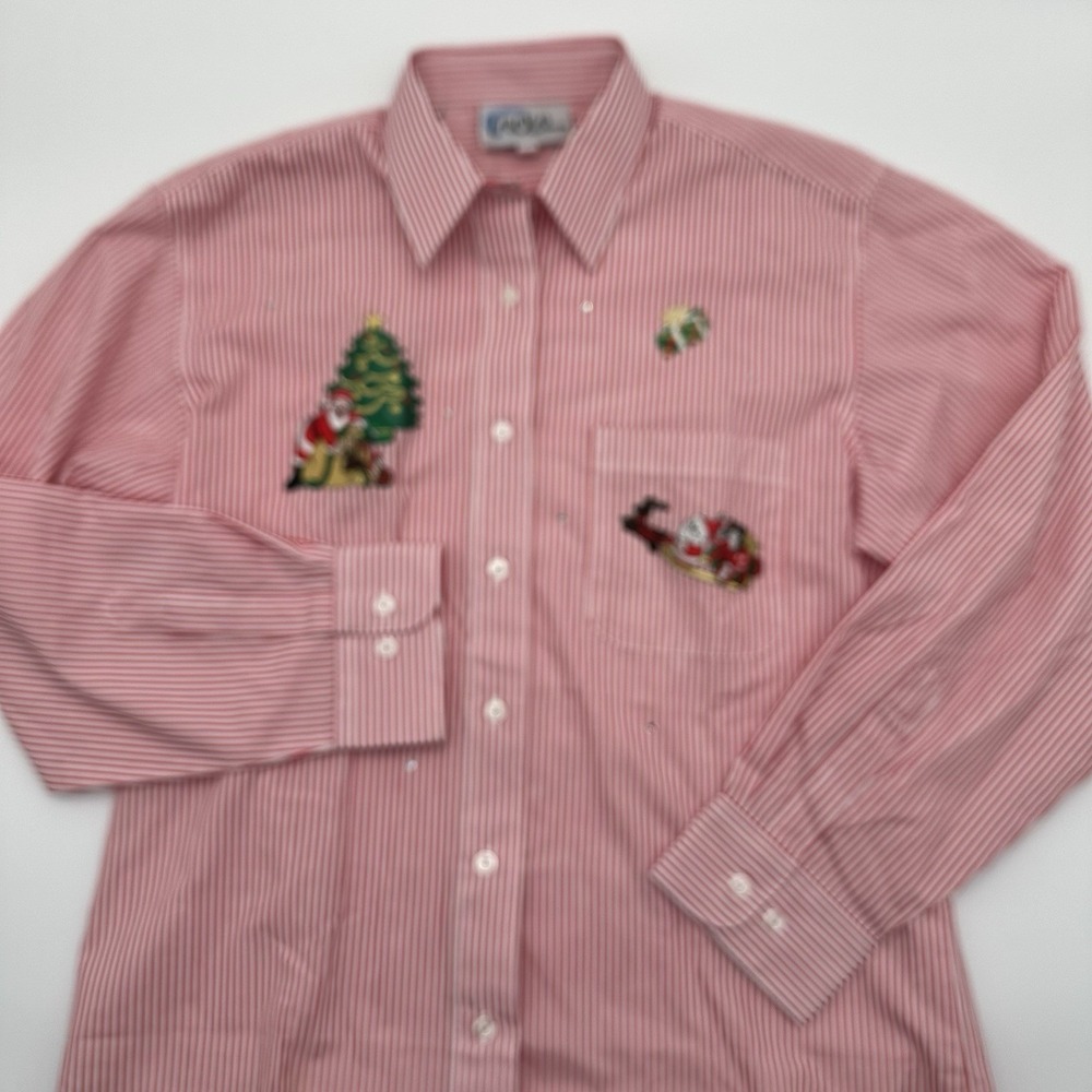 Vintage Las Olas S Christmas Shirt Santa Embroidered Striped Button Up‎ Holiday